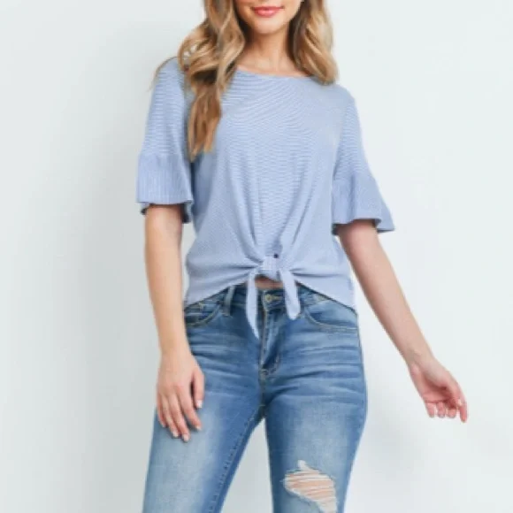 Blue & White Stripe Ruffle Sleeve Top - Picture 8 of 10